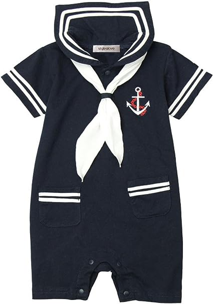 Little Sailor Short Sleeve Baby Romper with Necktie and Hat