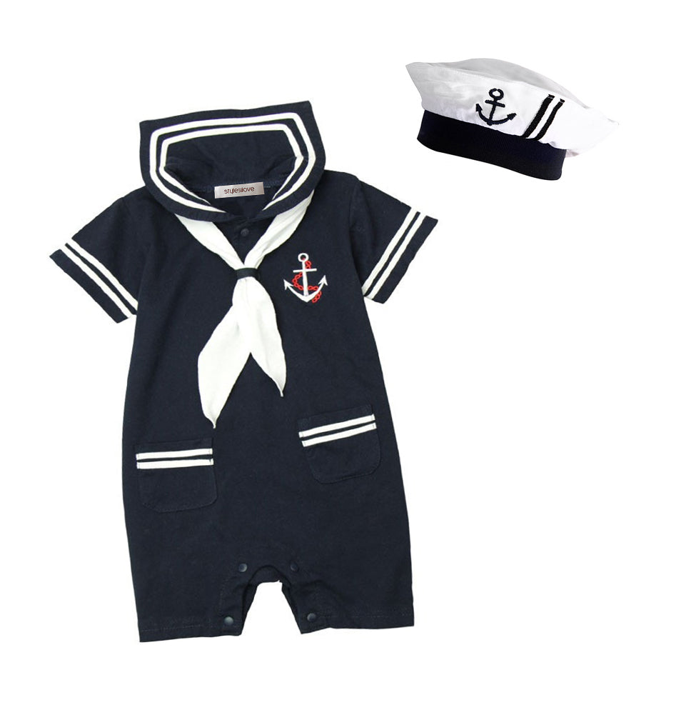 Little Sailor Short Sleeve Baby Romper with Necktie and Hat