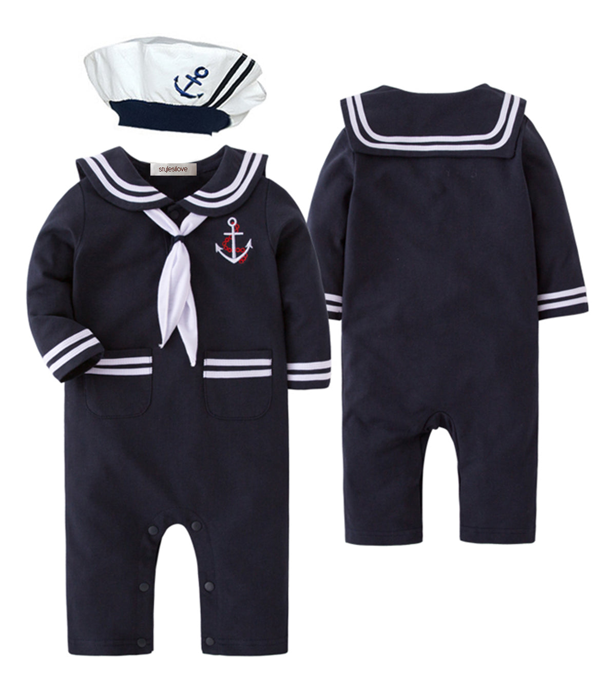 Little Sailor Long Sleeve Baby Romper with Necktie and Hat
