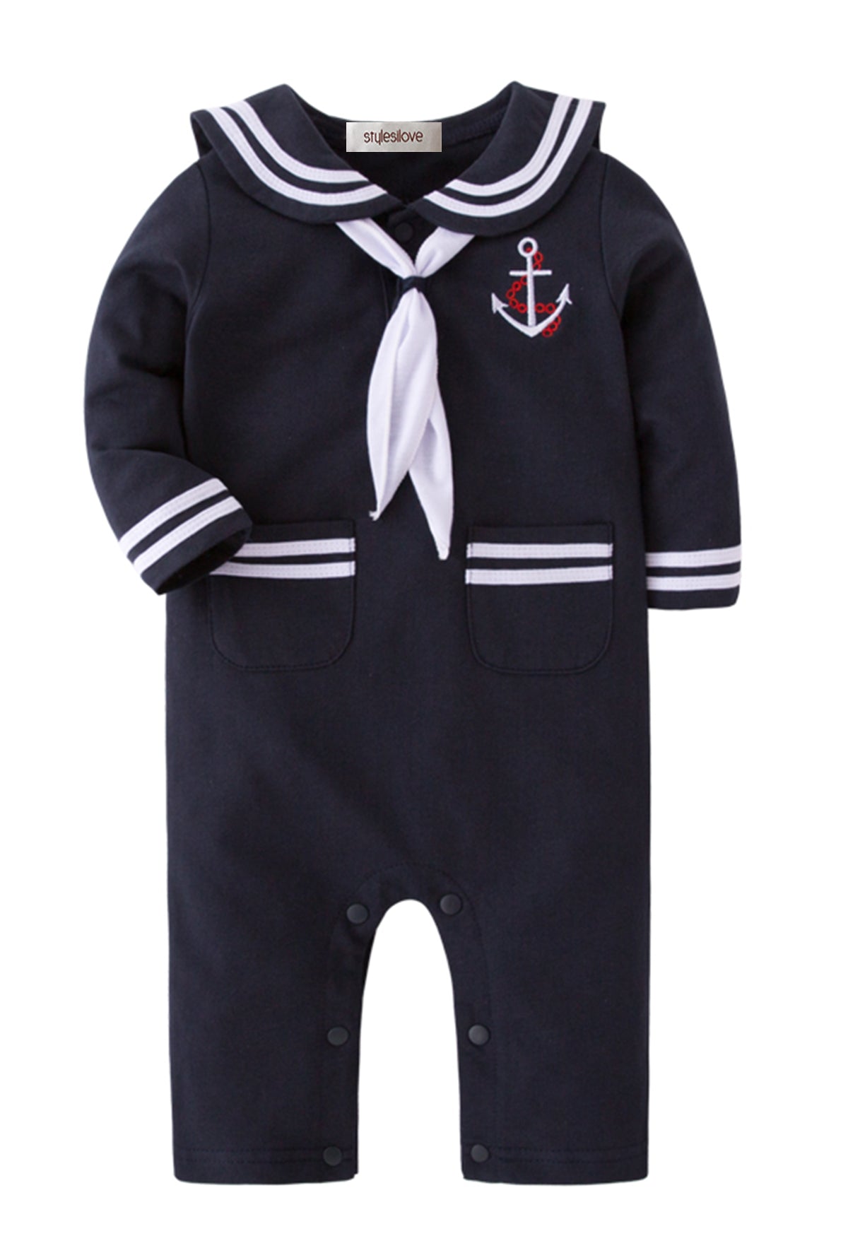 Little Sailor Long Sleeve Baby Romper with Necktie and Hat