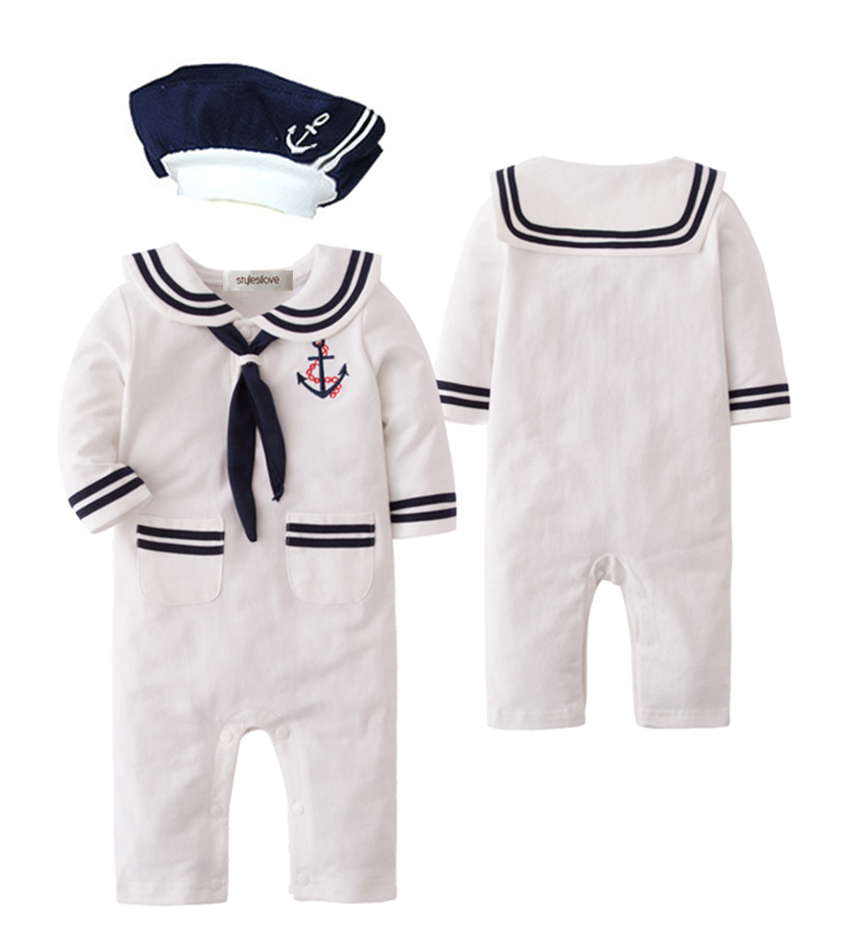 Little Sailor Long Sleeve Baby Romper with Necktie and Hat