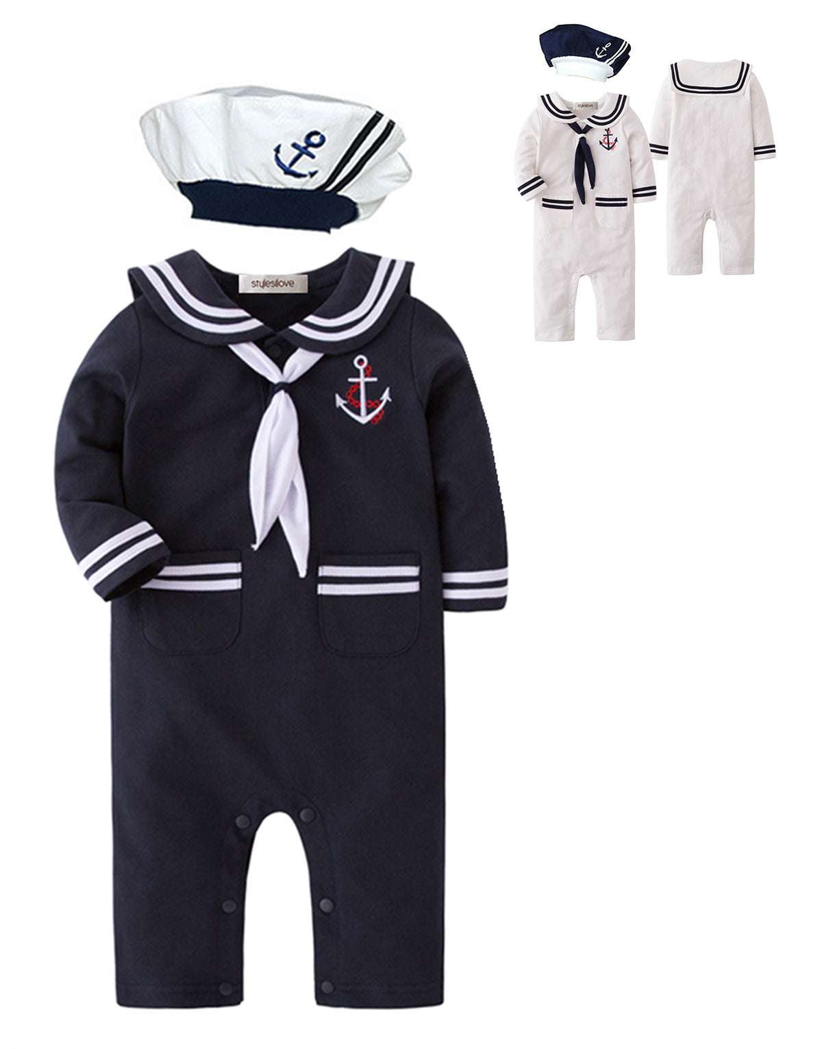 Little Sailor Long Sleeve Baby Romper with Necktie and Hat