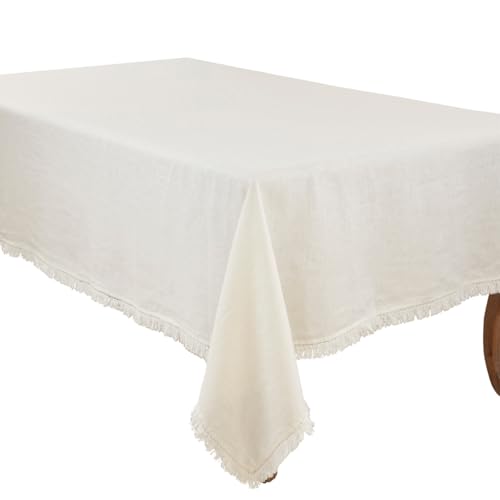 Fennco Styles Stonewashed Fringe Design 100% Linen Tablecloth - Ivory Table Cover for Holidays, Dining Table, Everyday Use, Banquets and Special Occasion