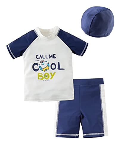 Styles I Love Kid Boys CALL ME COOL BOY Printed Short Sleeve Rash Guard Set and Hat 3pcs White Swimsuit Beach Bathing Suit