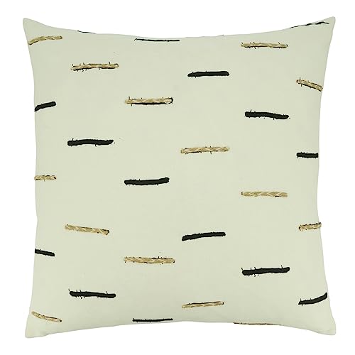 Fennco Styles Embroidered Dashes Cotton Decorative Throw Pillow Cover 20" W X 20" L – White Striped Design Cushion Case for Couch, Sofa, Bedroom, Office and Living Room Décor