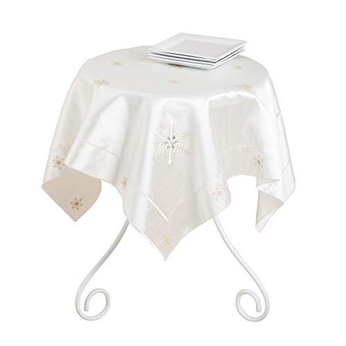 Fennco Styles Crystal Accents Embroidered Snowflake Tablecloth 40 x 40 Inch - Ivory Holiday Table Cover for Christmas, Wedding, Dinner Parties, Home Décor and Everyday Use