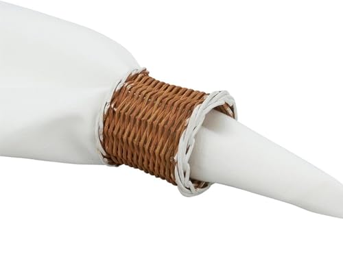 Fennco Styles Rustic Two-Tone Woven Rattan Napkin Rings, Set of 4 - White Handmade Napkin Holders for Home, Farmhouse Décor, Banquets, Family Gathering and Special Occasion