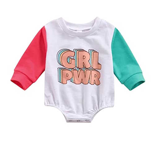 stylesilove Infant Baby Girl PWR Color Block Long Sleeve Cotton Sweatshirt Romper Toddler Girls Oversized Jumpsuit