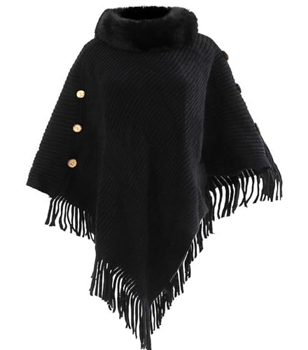 stylesilove Women Solid Knitted Faux Fur Collar Poncho with Fringe Pullover Cardigan Soft Wrap for Fall Winter Seasons