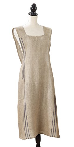 Fennco Styles Striped Criss Cross Back 100% Linen Home Kitchen Apron 28" W x 35" L - 2 Colors