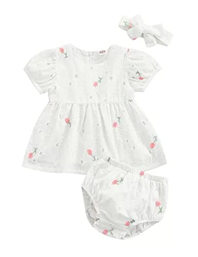 stylesilove Infant Baby Girls Eyelet Flower Embroidered Dress, Bloomers, Headband 3pcs Outfit White Short Sleeve Cotton Dress