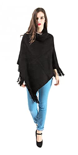 stylesilove Women Autumn Winter Solid Knitted Turtleneck Pullover Fringe Poncho Sweater Soft Wrap Lightweight Shawl
