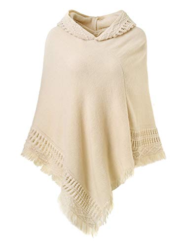 stylesilove Women Solid Knitted Hooded Poncho Crochet Pattern with Fringe Pullover Cardigan Soft Wrap for Fall Winter Seasons