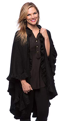 Fennco Styles Women's Ruffle Trim Knit Open Front Poncho Cape Shawl - Fall Wrap Jacket, Cozy and Stylish Layering Piece