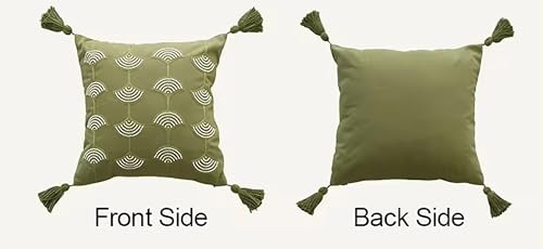 Fennco Styles Hand Beaded Embroidery Ginkgo Leaf Throw Pillow Cover with Tassel 18" W x 18" L - Green Leaves Cotton Cushion Case for Home, Couch, Living Room, Bedroom and Office Décor