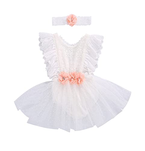 stylesilove Baby Girls Elegant White Lace Eyelet Flower Tulle Romper & Headband 2pcs Flower Girl Tutu Dress Outfit