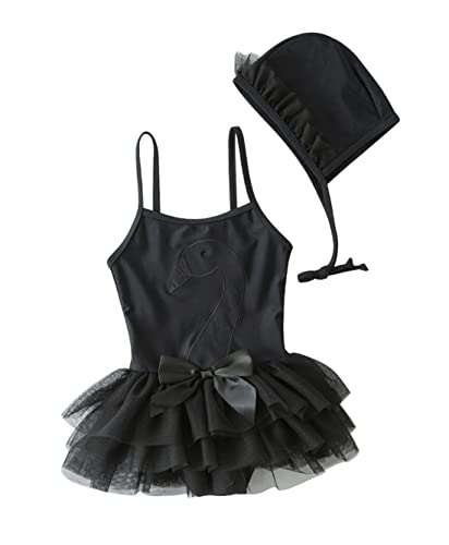 stylesilove Toddler Kid Girls Embroidered Swan Sequin Black One-Piece Tulle Swimsuit & Hat 2pcs Bathing Suit Beach Swimwear