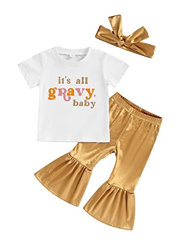 stylesilove Toddler Kid Girls It's All Gravy Baby Short Sleeve Tee & Flare Pants & Headband 3pcs Gold Outfit