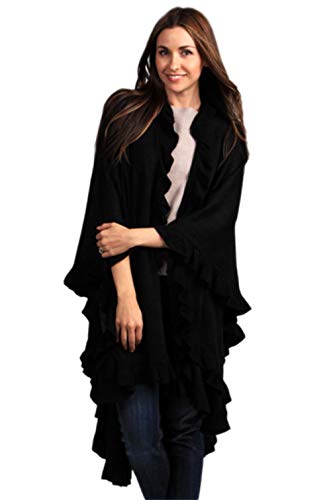 Fennco Styles Women's Ruffle Trim Knit Open Front Poncho Cape Shawl - Fall Wrap Jacket, Cozy and Stylish Layering Piece