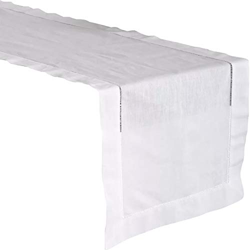 Fennco Styles White Handmade Basic Hemstitch Border Linen-Cotton Table Runner 16" W X 90" L