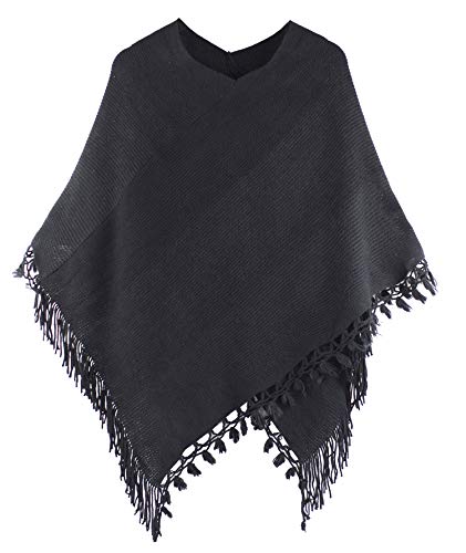 stylesilove Women Color Block Fringe Tassel Poncho Sweater Pullover Cardigan Wrap Topper for Warm Seasons