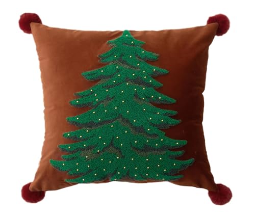 Fennco Styles Embroidered Christmas Tree Pom Pom Throw Pillow Cover 18" W x 18" L - Green Festive Cushion Case for Home, Christmas, Winter Holidays Décor, and Special Occasions