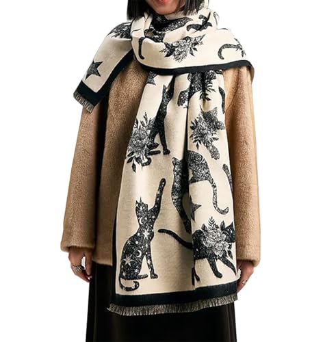 stylesilove Women Cute Cat Print Cashmere Scarf Warm Ultra Soft Fringe Scarves Shawl Neck Wraps for Autumn and Winter
