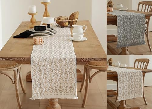 Fennco Styles Modern Diamond Woven Table Runner 14" W x 72" L - Ivory Geometric Fringe Table Mats for Dining Room, Banquets, Family Gatherings, and Holidays