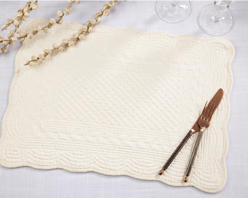 Fennco Styles Ivory Quilted Placemats 14" W X 20" L, Set of 4-100% Cotton Elegant Table Mats for Everyday Use, Dining Room Décor, Family Gatherings and Special Occasions
