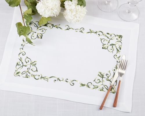 Fennco Styles Embroidered Floral Scroll Placemats 14" W x 20" L, Set of 4 - Green Botanical Design Table Mats for Home, Holiday Décor, Family Gatherings, Banquets, Special Events