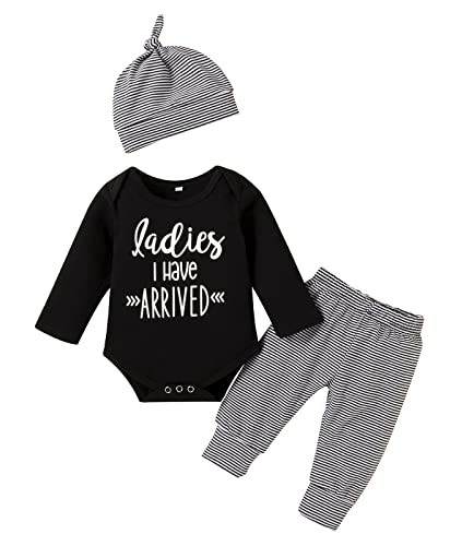 stylesilove Infant Baby Boys Black Romper Letter Printed Long Sleeve Bodysuit, Striped Pants & Hat 3pcs Cotton Outfit