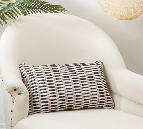 Fennco Styles Woven Stitch Cotton Jute Decorative Throw Pillow Cover 12" W x 20" L - Black and Natural Textured Cushion Case for Home, Couch, Living Room, Bedroom, Office and Holiday Décor
