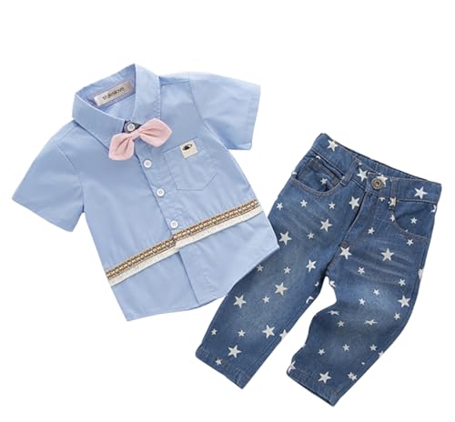 stylesilove Toddler Boys Blue Shirt with Pink Bowtie and Jeans 2 Pieces Outfit Soft Cotton Casual Clothing Set