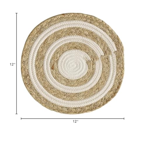 Fennco Styles Handwoven Water Hyacinth Straw & Cotton Placemats 12" Round, Set of 4 - Natural Braided Heat Resistant Insulation Table Mats for Home, Kitchen Décor, Dining Table, Banquets, Holidays