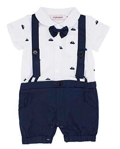 stylesilove Sailor Boat Print Faux Suspender Formal Wear Baby Boys Short Sleeve Romper Outfit