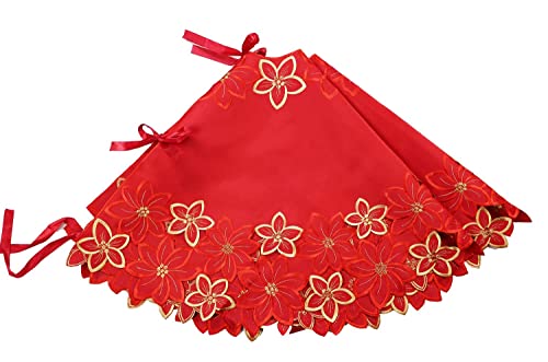 Fennco Styles Embroidered Poinsettia Cutwork Red Christmas Tree Skirt 68 Inch Round for Home, Holiday Decoration and Special Occasion