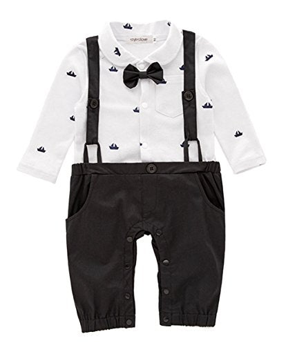 stylesilove Newborn Infant Toddler Sailor Boat Print Faux Suspender Formal Wear Baby Boy Romper