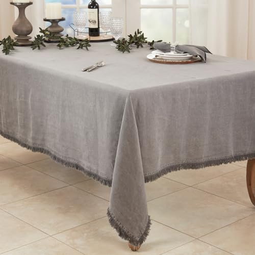 Fennco Styles Stonewashed Fringe Design 100% Linen Tablecloth - Ivory Table Cover for Holidays, Dining Table, Everyday Use, Banquets and Special Occasion