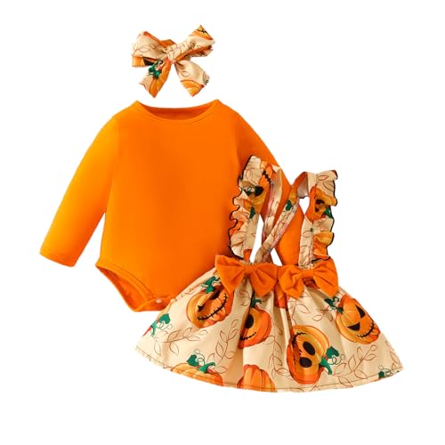 stylesilove Infant Baby Girl Orange Long Sleeve Romper Pumpkin Print Overall Dress with Headband 3pcs Halloween Outfit