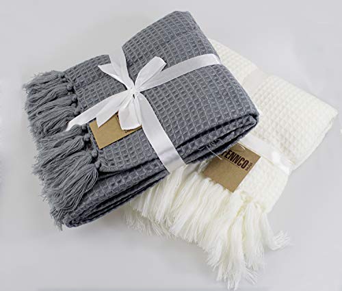 Fennco Styles Classic Waffle Weave Tassel Trim 50 x 60 Inch Throw - Grey Throw Blanket for Couch, Bedroom and Living Room Décor