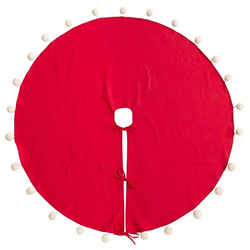 Fennco Styles Holiday Pom Pom Trim Christmas Tree Skirt - Red Cotton Tree Skirt for Home, Holiday Tree, Indoor Outdoor and Special Occasion