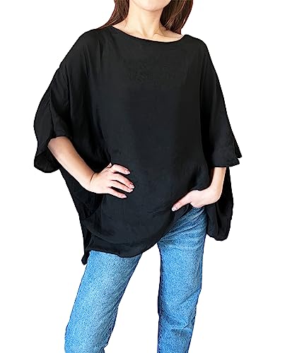stylesilove Women Kimono Sleeves Asymmetrical Irregular Hem Top Design Cotton Linen Blouse Round Neck Blouse Casual Tunic