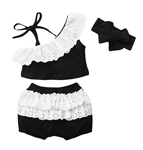 stylesilove Infant Baby Girls Black Asymmetric Ruffled Eyelet Crop Top and Shorts, Bow Headband 3pcs Cotton Summer Outfit