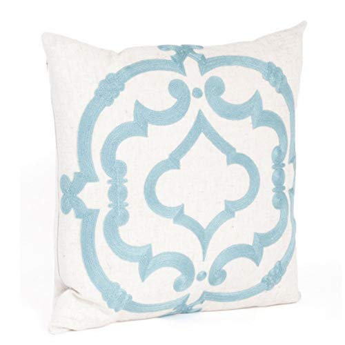 Fennco Styles Eclectic Embroidered Medallion Linen Blend Down Filled Decorative Throw Pillow 17 x 17 Inch - Sea Green Pillow for Everyday Use, Couch, Living Room and Bedroom Décor