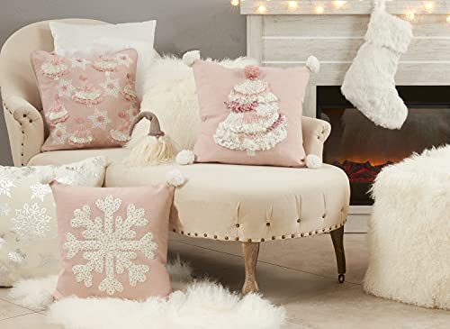 Fennco Styles Embroidered Tassel Trees & Snowflakes Cotton Throw Pillow 18" W x 18" L - Pink Holiday Cushion for Christmas, Home, Couch Décor and Special Occasion