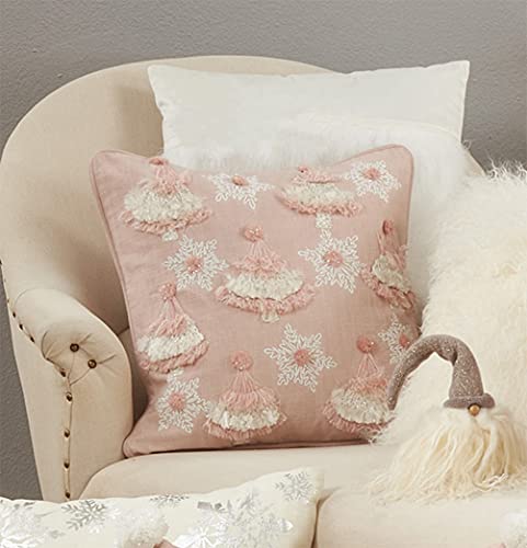 Fennco Styles Embroidered Tassel Trees & Snowflakes Cotton Throw Pillow 18" W x 18" L - Pink Holiday Cushion for Christmas, Home, Couch Décor and Special Occasion