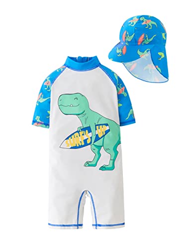 stylesilove Toddler Kid Boys Dino Print One-Piece Short Sleeve Zipper Rash Guard & Hat 2pcs Swimsuit Pool Beach Bathing Suit