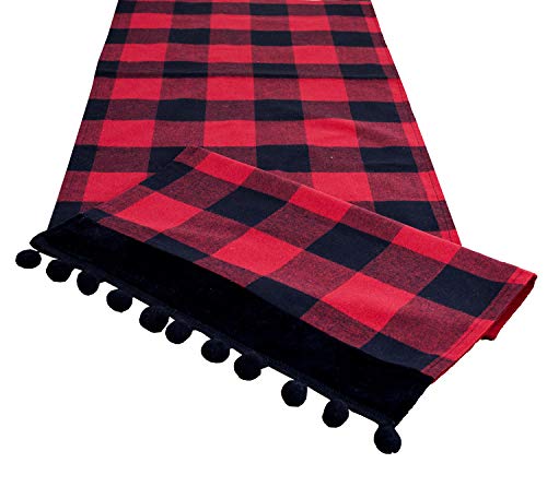 Fennco Styles Buffalo Plaid Red and Black Velvet Pom Pom Trim Design Cotton Table Runner
