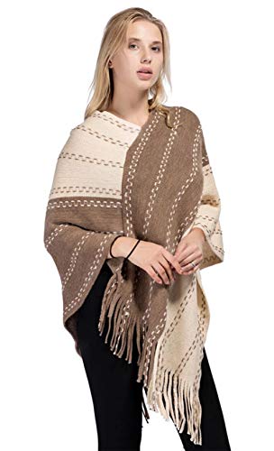 stylesilove Women Two-Tone Asymmetrical Fringe Knitted Pullover Poncho Sweater Cozy Wrap Shawl for Winter and Fall