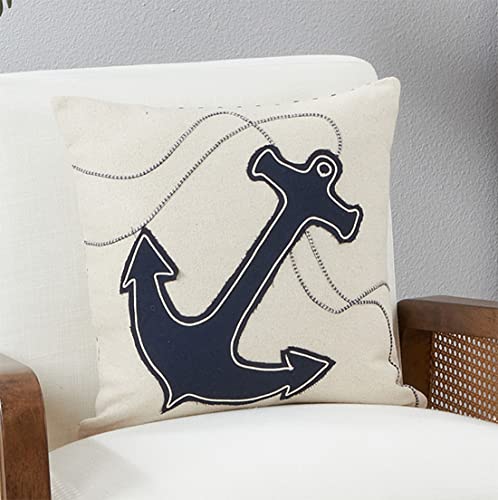 Fennco Styles Nautical Anchor & Rope Appliqué Cotton Decorative Throw Pillow Cover 18" W x 18" L – Navy Blue Coastal Cushion Case for Couch, Sofa, Bedroom, Office and Living Room Décor